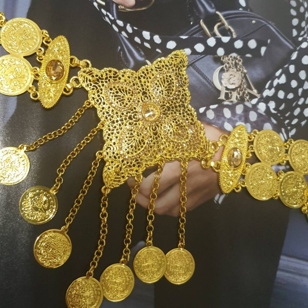 Fashion Design Metal Adjustable Coin Crystals Belt Gold Chain Women Accessory